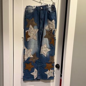 Oil and Hali Star Patch Jeans - Blue with Brown and Gray Accents
